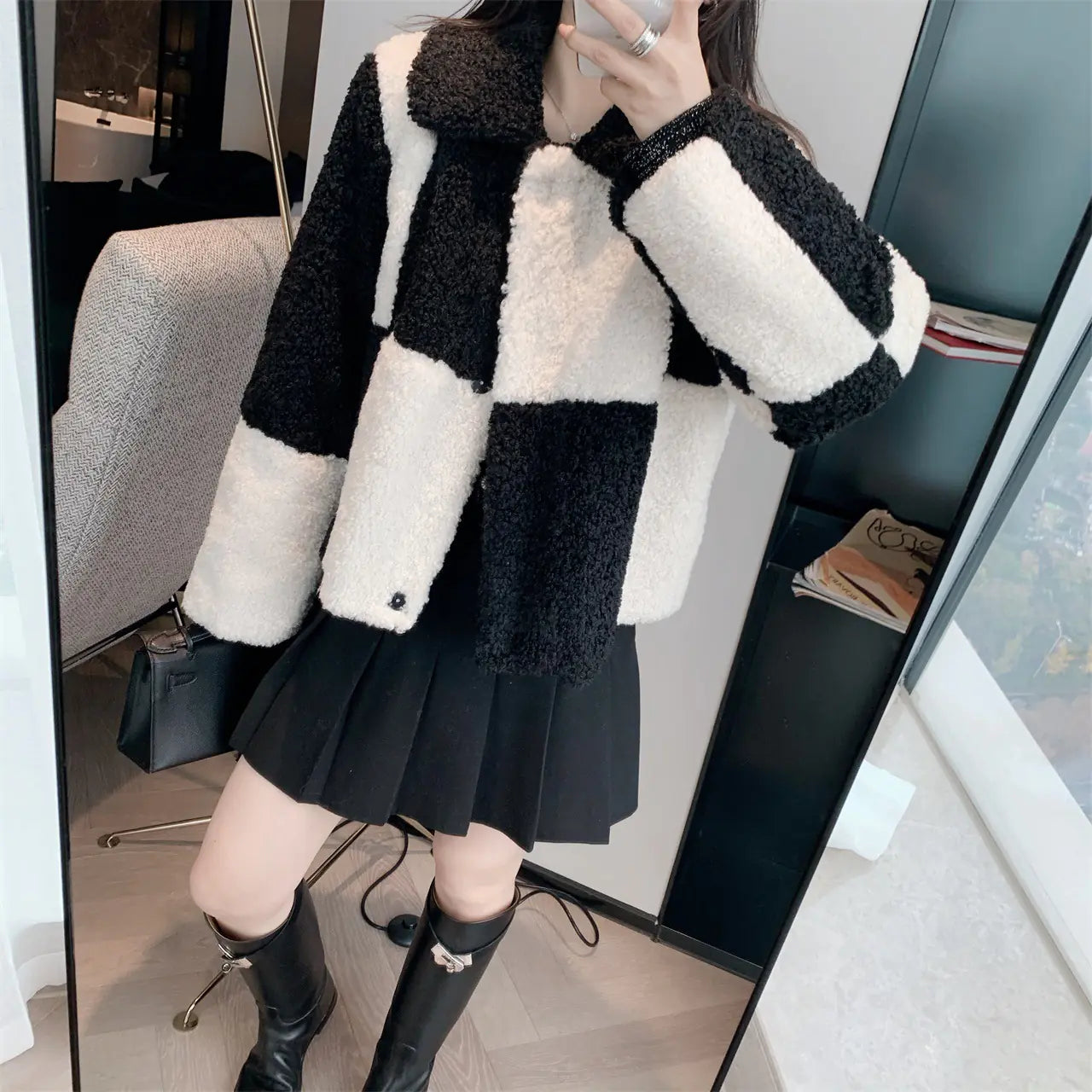 T6620 Short Coat with Sheep Curl Wool Patchwork