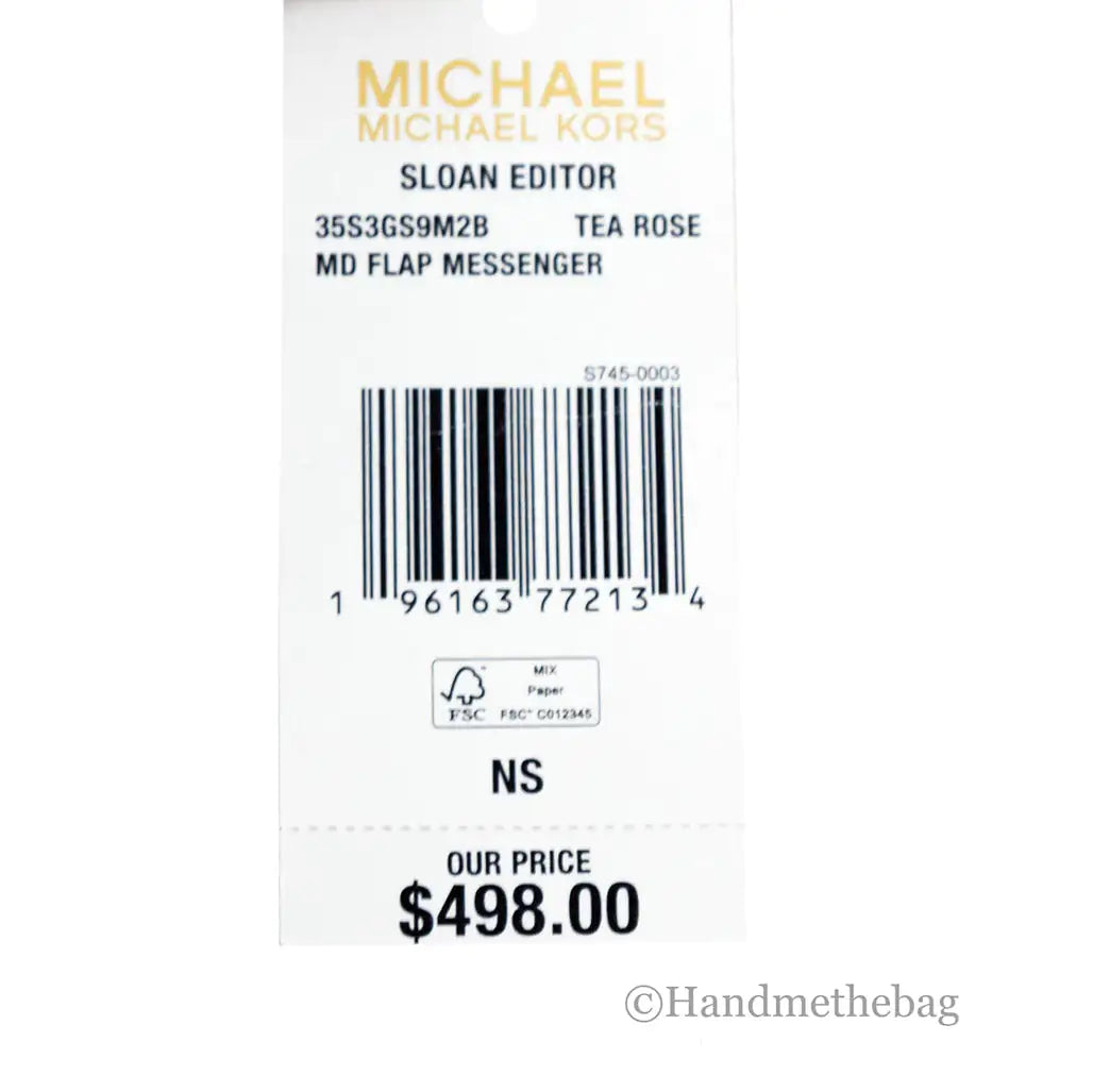 A white product tag for a Michael Kors Sloan Editor Leather Flap Crossbody Bag in Tea Rose Saffiano leather, featuring a barcode, item details, and a price of $498.00.