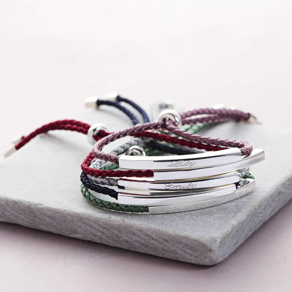 Stainless Steel Hollow Tube Nameplate Bracelet with Braided Cord