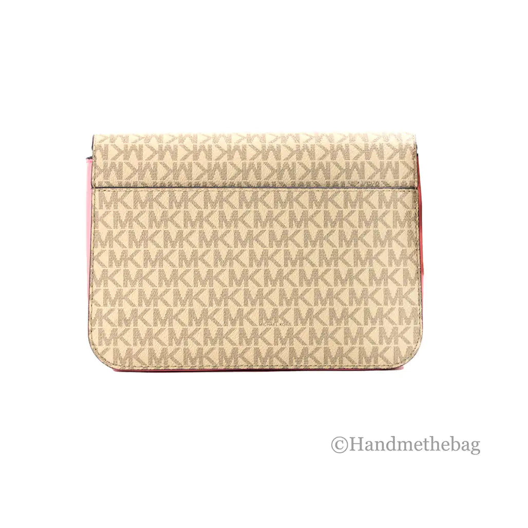 A beige Michael Kors Sloan Editor Leather Flap Crossbody Bag made of Saffiano leather, with an all-over MK logo pattern and a visible back pocket. The image shows a white background with a small ©Handmethebag watermark in the corner.