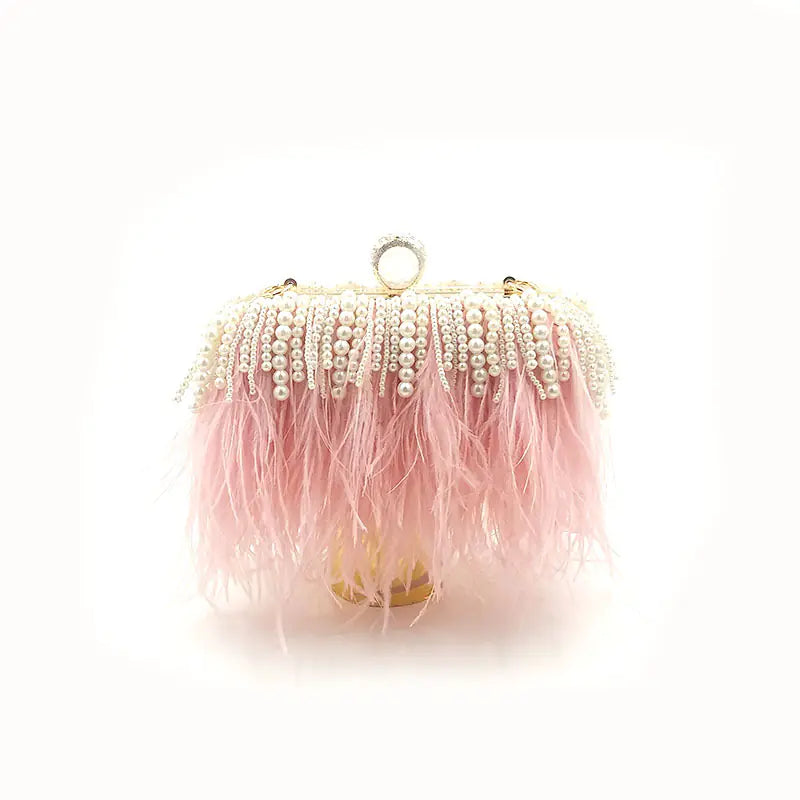 Trendy Ostrich Hair Clutch Bag with Pearl Chain