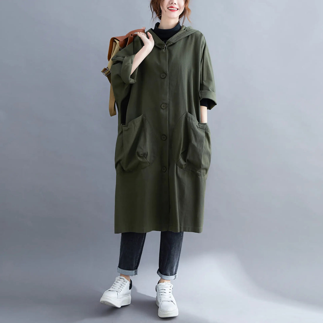 Women's Long Over-the-Knee Trench Coat with Pockets