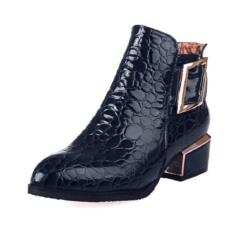 Women's Patent Leather Chunky Heel Martin Boots