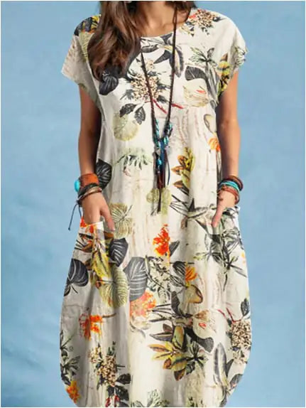 Women's Cotton Linen Plant Print Round Neck Casual Dress