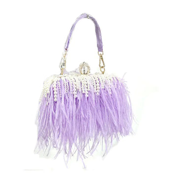 Trendy Ostrich Hair Clutch Bag with Pearl Chain