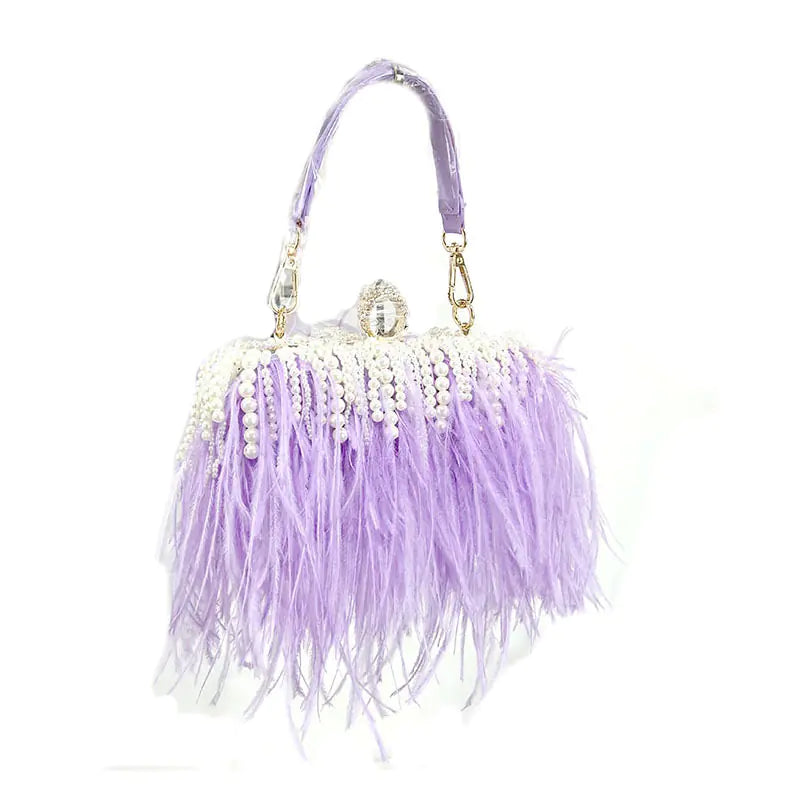 Trendy Ostrich Hair Clutch Bag with Pearl Chain