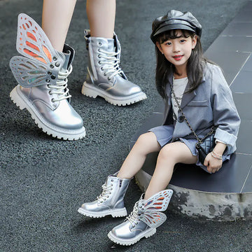 Children's Fashion Silver Winged Ankle Boots