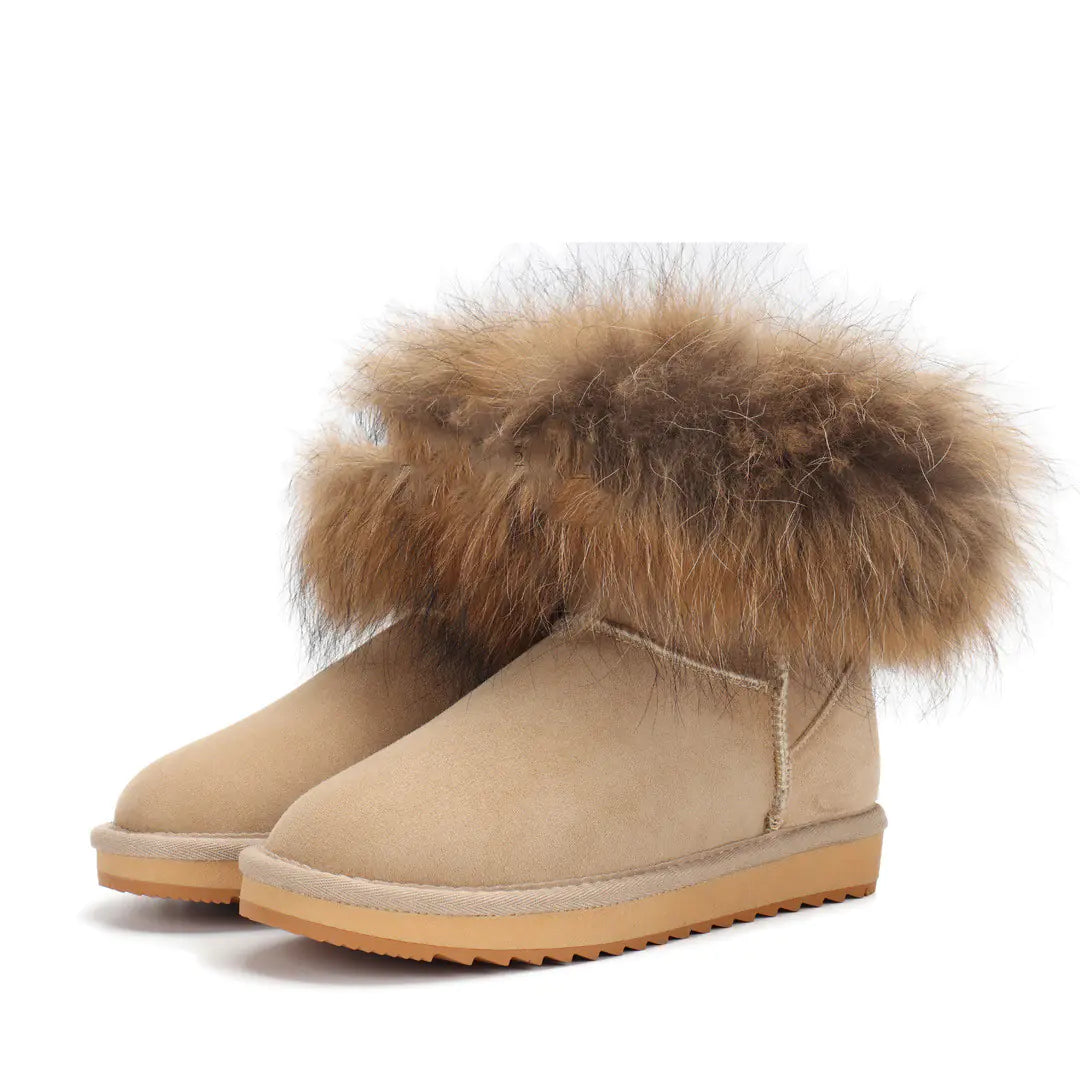 Classic Women's Sheepskin Snow Boots with Fox Fur Trim