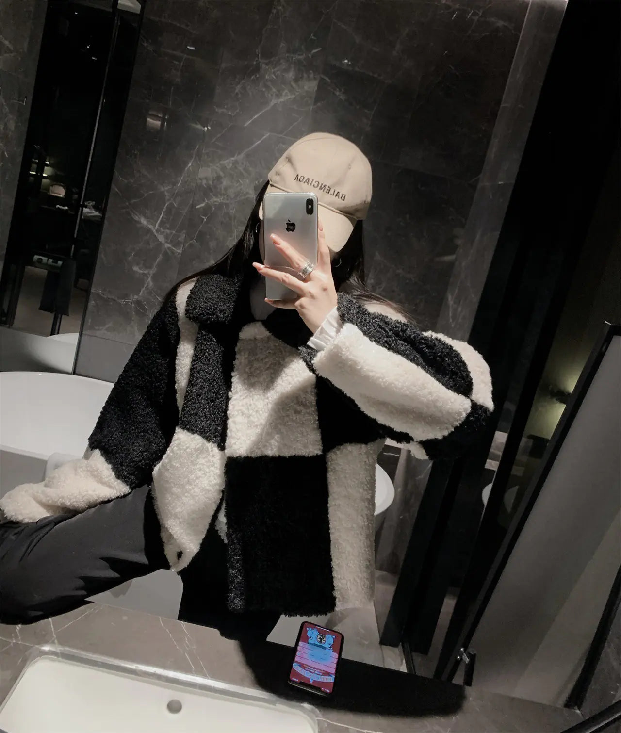 T6620 Short Coat with Sheep Curl Wool Patchwork