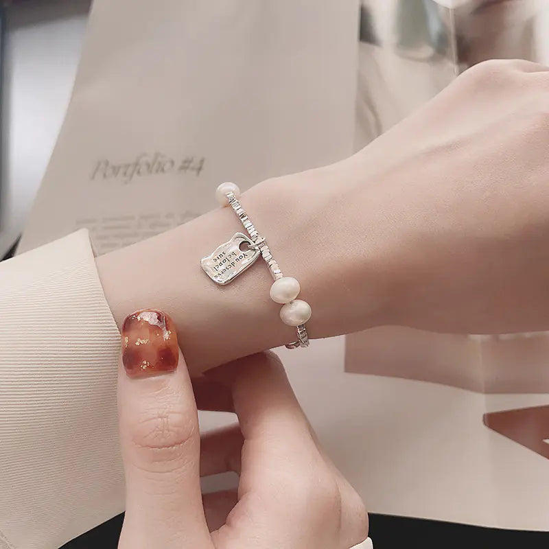 S925 Sterling Silver Pearl Square Pendant Bracelet