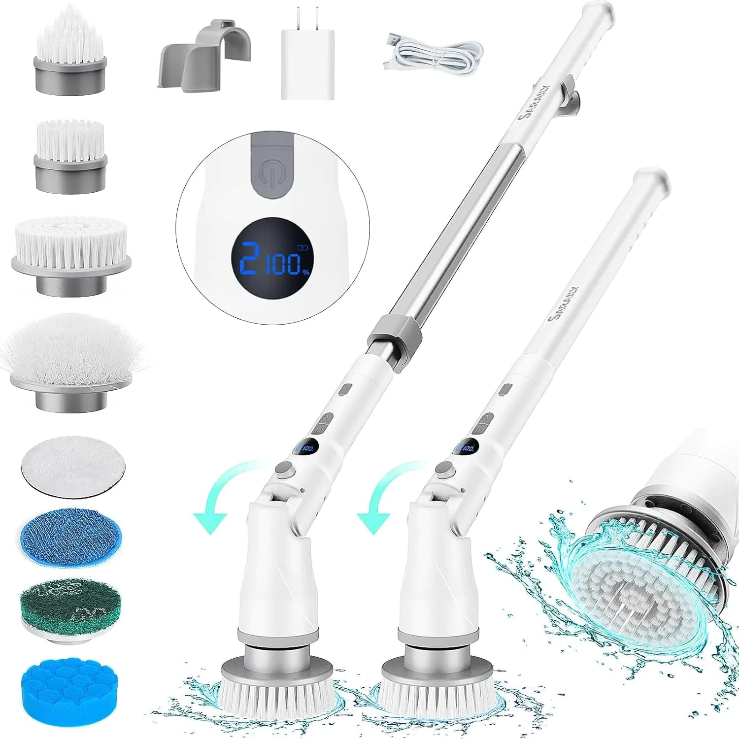 Saraily Electric Spin Scrubber 80W Cordless Bathroom Shower Ergonomics Scrubber with 8 Cleaning Heads 5000mah Dual Speed Power Scrubber with 54" Aluminum Alloy Handle for Bathtub Grout Tile Floor