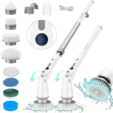 Saraily Electric Spin Scrubber 80W Cordless Bathroom Shower Ergonomics Scrubber with 8 Cleaning Heads 5000mah Dual Speed Power Scrubber with 54" Aluminum Alloy Handle for Bathtub Grout Tile Floor