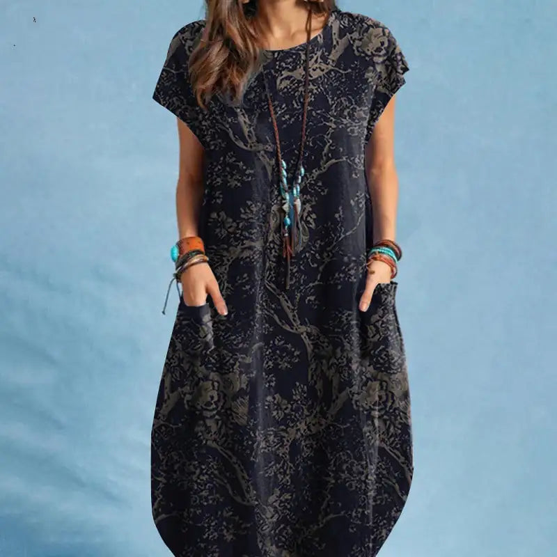 Women's Cotton Linen Plant Print Round Neck Casual Dress