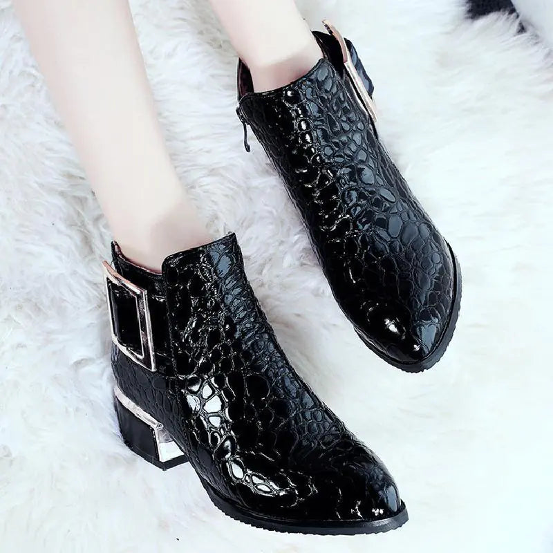 Women's Patent Leather Chunky Heel Martin Boots
