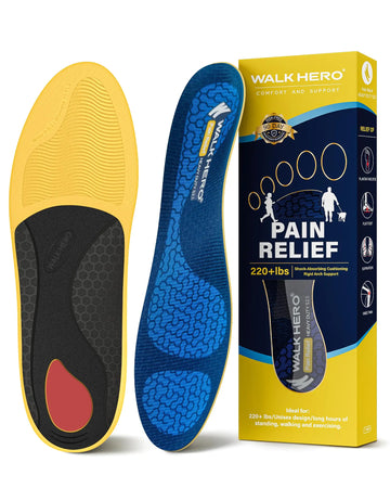 WalkHero Heavy Duty Orthotics Inserts - 220+ lbs Plantar Fasciitis High Arch Support Insoles - Flat Feet Orthopedic Inserts for Standing All Day (Mens 14-14.5 Glacial Blue)