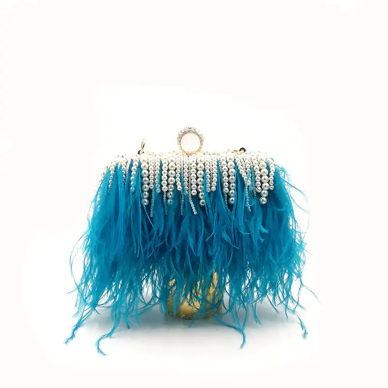Trendy Ostrich Hair Clutch Bag with Pearl Chain