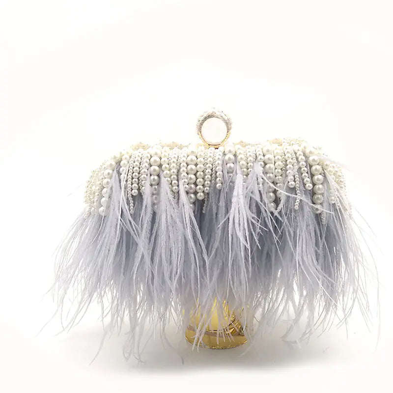 Trendy Ostrich Hair Clutch Bag with Pearl Chain
