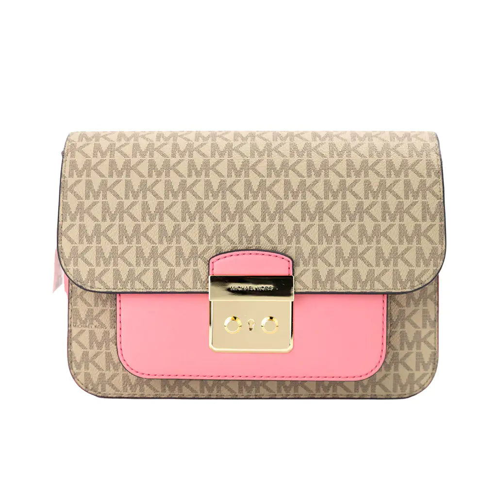 The Michael Kors Sloan Editor Leather Flap Crossbody Bag is beige with an all-over MK monogram, a pink front pocket, gold clasp closure, and crafted from durable Saffiano leather.