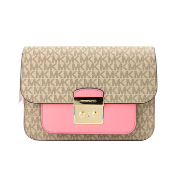 The Michael Kors Sloan Editor Leather Flap Crossbody Bag is beige with an all-over MK monogram, a pink front pocket, gold clasp closure, and crafted from durable Saffiano leather.
