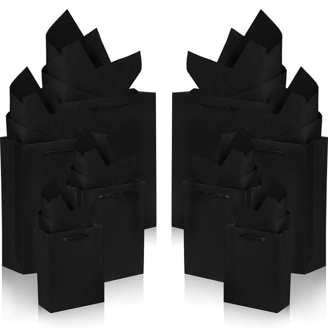 Outus 24 Pieces Black Gift Bags Paper Kraft Bags with 24 Pieces Copy Papers 4 Different Sizes in 6 Inches 8 Inches 11 Inches and 13 Inches for Birthday Graduations Parties Wedding (48 Pieces)