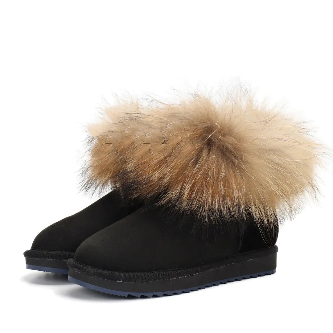 Classic Women's Sheepskin Snow Boots with Fox Fur Trim