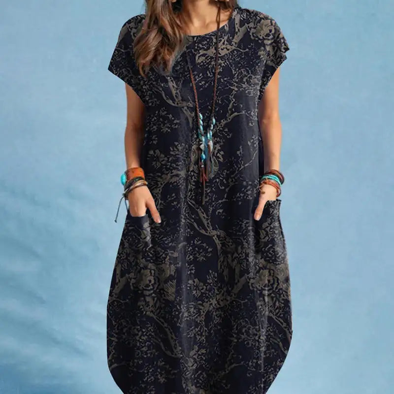 Women's Cotton Linen Plant Print Round Neck Casual Dress