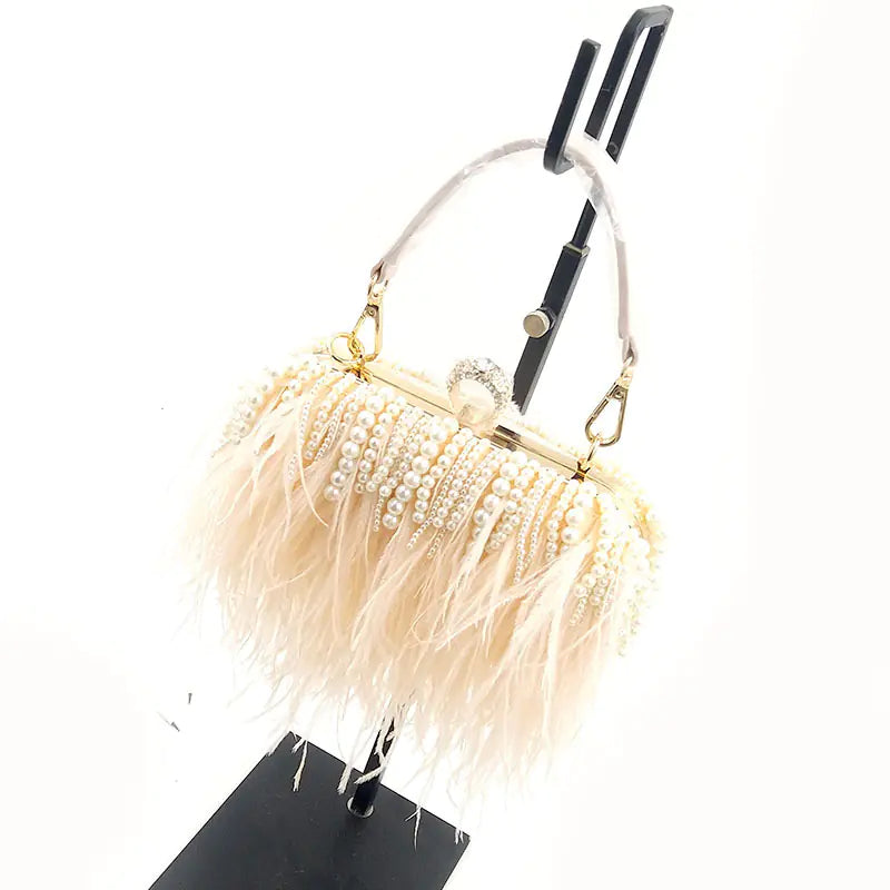 Trendy Ostrich Hair Clutch Bag with Pearl Chain