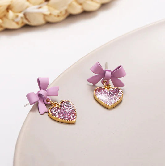 Korean Style Purple Bow Sequin Heart Clip-On Earrings