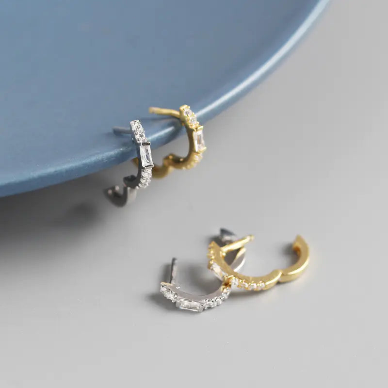 S925 Silver Rectangle Stone Stud Earrings with Diamonds