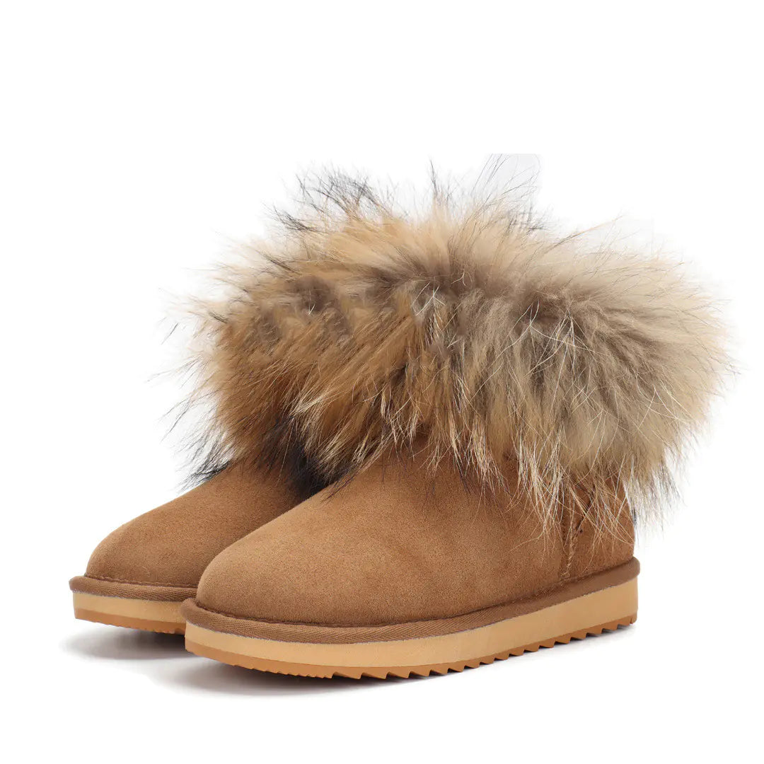 Classic Women's Sheepskin Snow Boots with Fox Fur Trim
