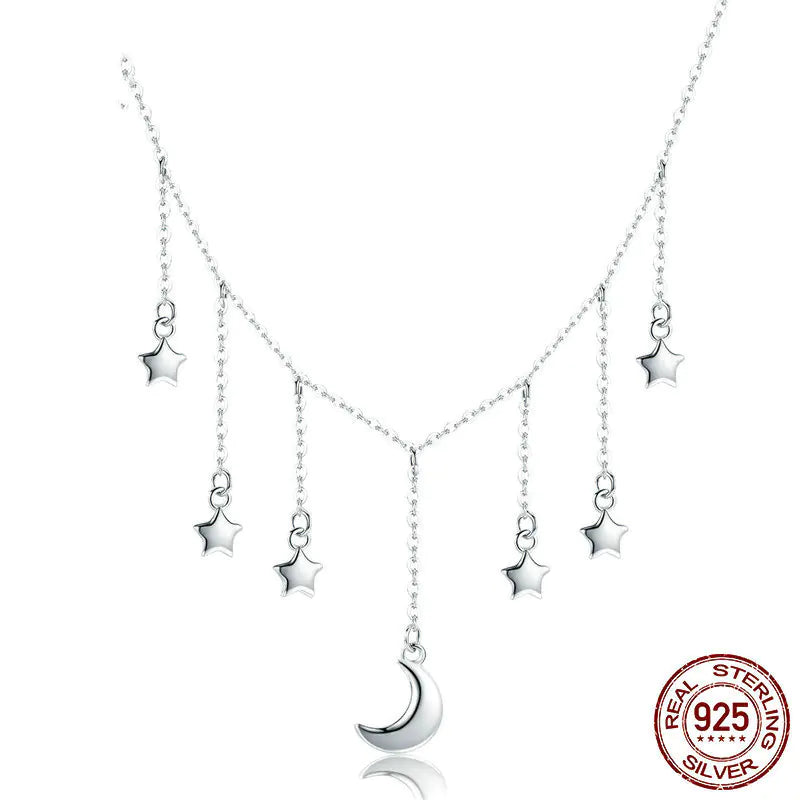 S925 Silver Necklace with Dazzling Star and Moon