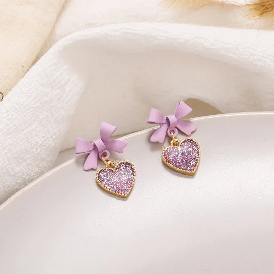 Korean Style Purple Bow Sequin Heart Clip-On Earrings