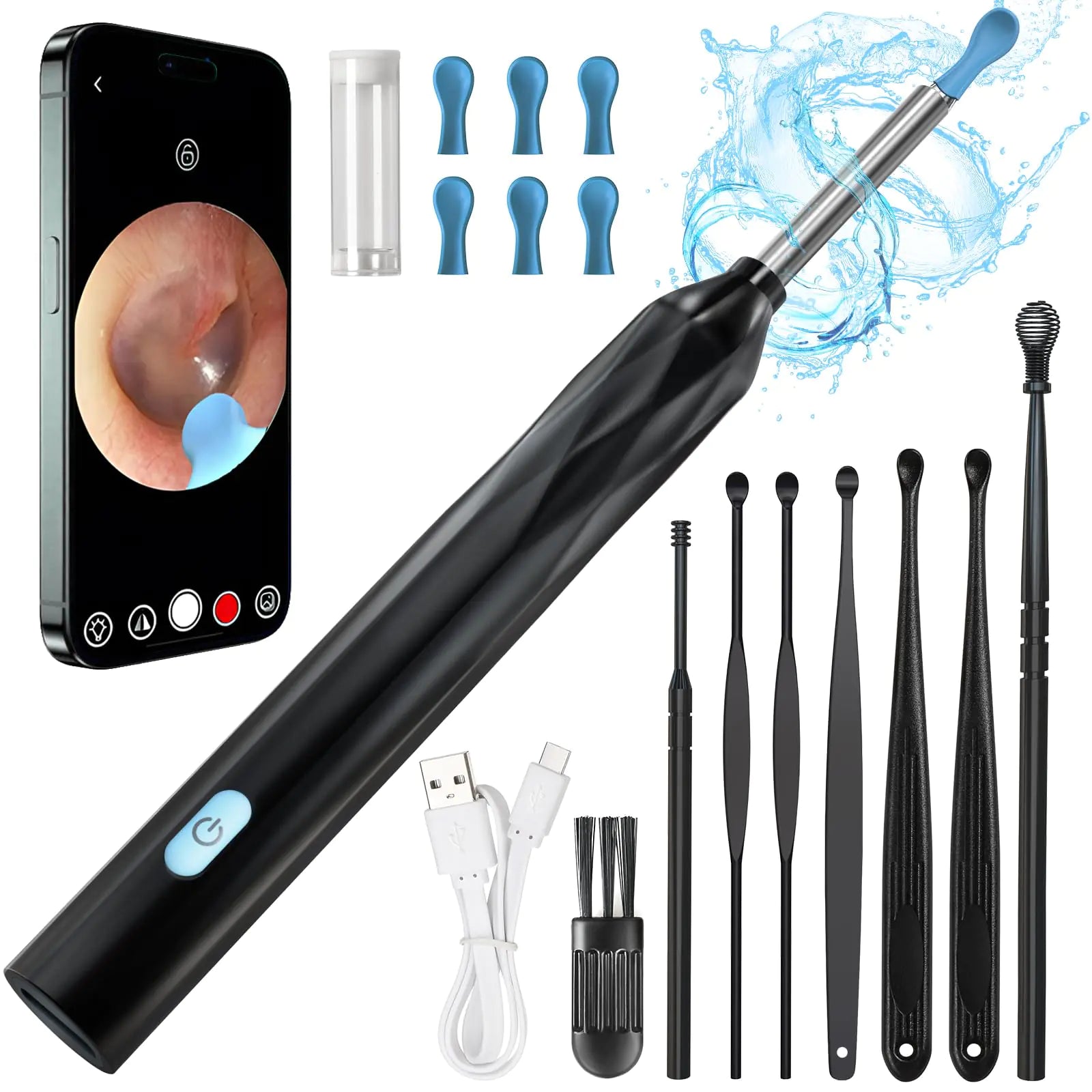 QIMIALOL Wireless Visual Ear Pick FDA Eligible Ear Wax Removal Kit with 6 Ear Spoon Covers Ear Cleaner with Camera Compatible with iOS and Android Systems for Kids Adults & Pets Black Color