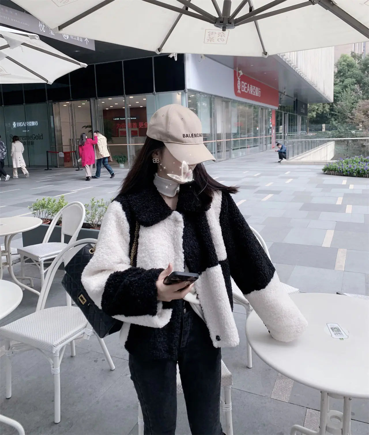 T6620 Short Coat with Sheep Curl Wool Patchwork