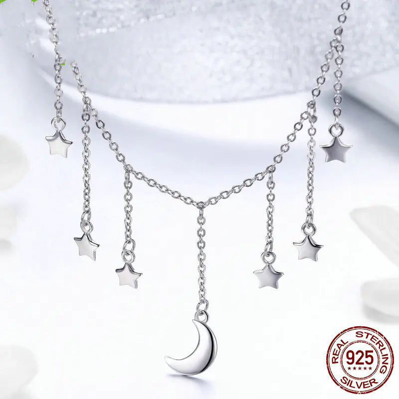 S925 Silver Necklace with Dazzling Star and Moon