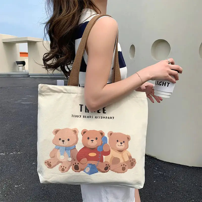 Cute Bear Canvas Shoulder Bag for Women and Students