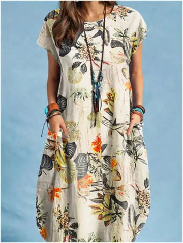 Women's Cotton Linen Plant Print Round Neck Casual Dress