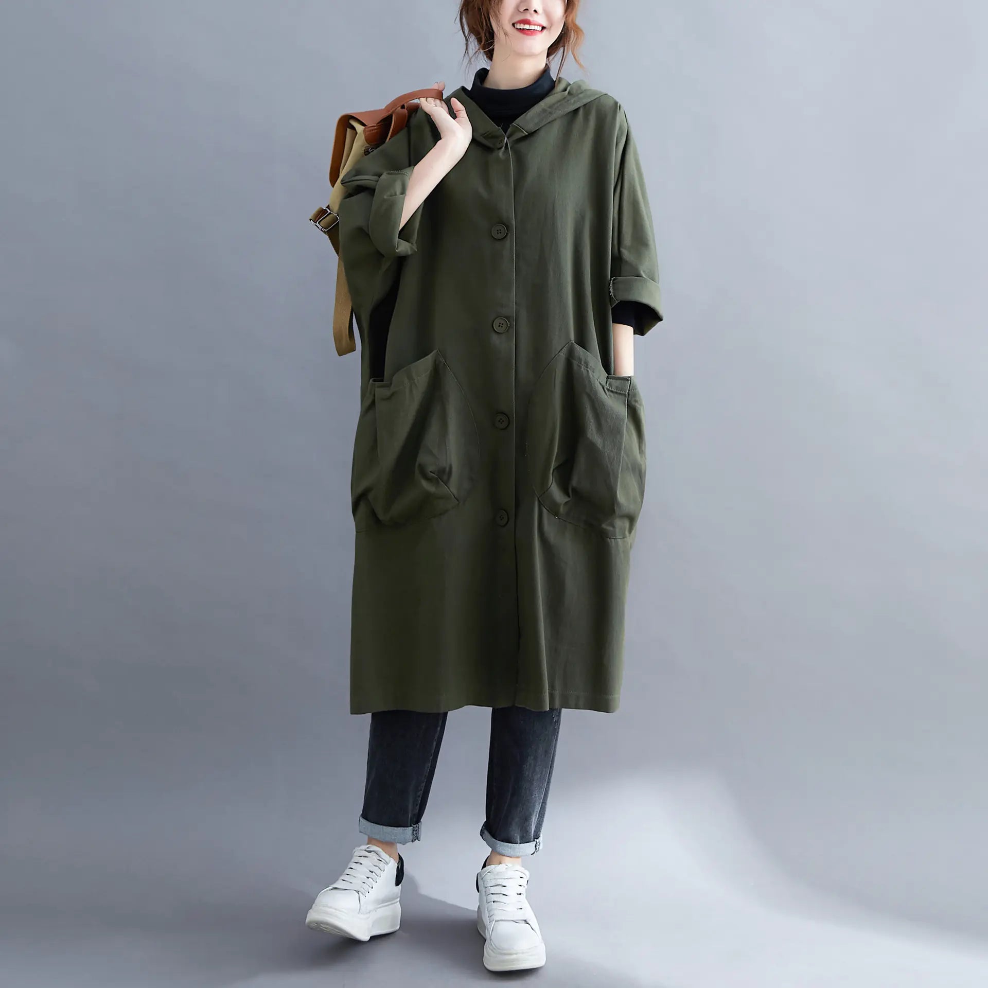 Women's Long Over-the-Knee Trench Coat with Pockets