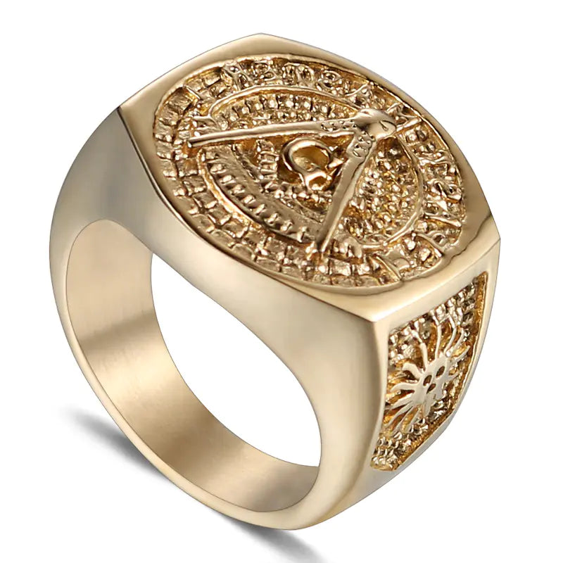 Vintage Gold Titanium Steel Masonic Ring for Men