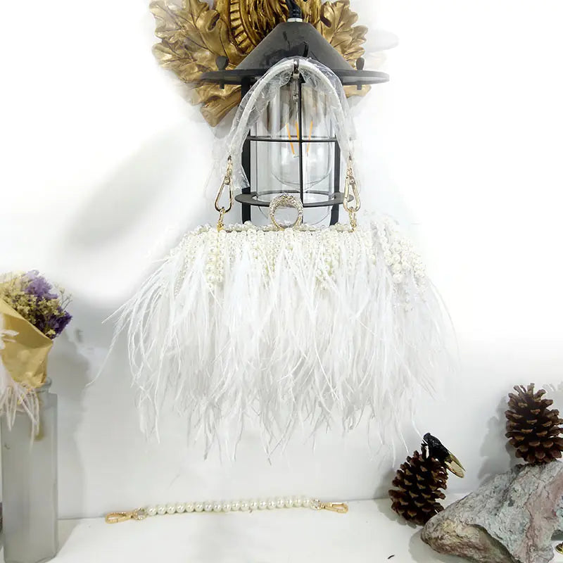 Trendy Ostrich Hair Clutch Bag with Pearl Chain
